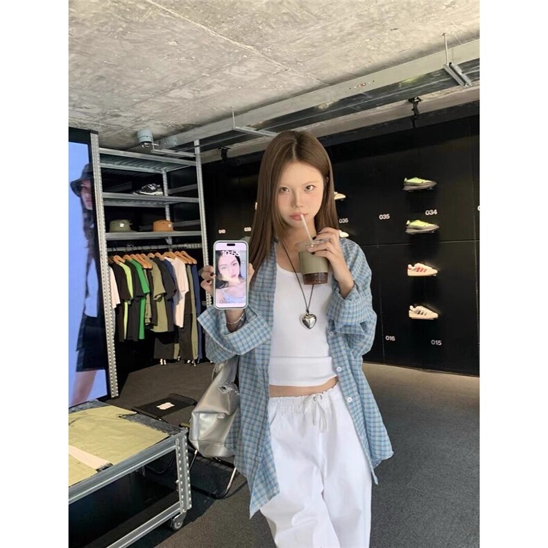 蓝格子衬衫男女复古慵懒风2025韩系宽松休闲衬衣长袖防晒上衣外套,男装防晒衣,星座1210-1