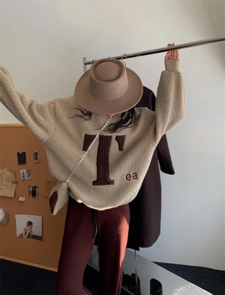 配包羊羔毛字母卫衣加绒，女装卫衣/绒衫，MJJ