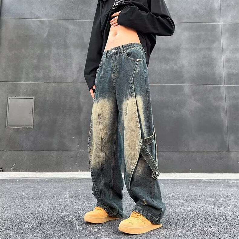 牛仔裤男美式高街复古重工做旧拼接设计直筒阔腿长裤潮K8933-P60，男装牛仔裤，星座1109-1