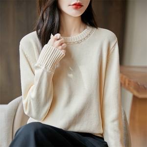 100%纯棉针织衫长袖毛衣女圆领纯色加厚棉麻上衣宽松百搭休闲打底图片