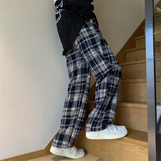 春装新款休闲百搭格子裤男女情侣拖地裤阔腿长裤P55KZ2035，男装休闲裤，星座417-3
