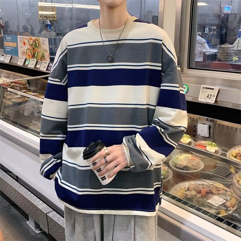 Q424-P28条纹长袖t恤男款新款春秋圆领撞色打底衫秋装情侣外套,男装T恤,星座911-1