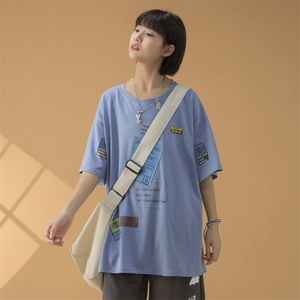 @蓝底中性风2023春夏新款百搭纯棉短袖T恤宽松男女体恤T336P28图片