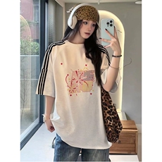 抖音得物品质二开240克宽松纯棉美式潮牌印花三条杠中性风短袖T恤，男装T恤，电商A486