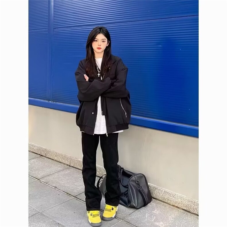 美式复古黑色外套女春秋季新款飞行夹克宽松百搭高级感翻领棒球服,男装夹克,星座506A
