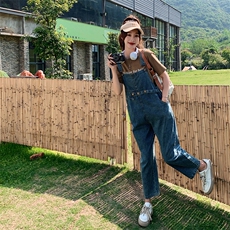 美式复古牛仔背带裤女2023夏季新款韩版小个子显瘦减龄工装九分裤，女装休闲裤，2C037