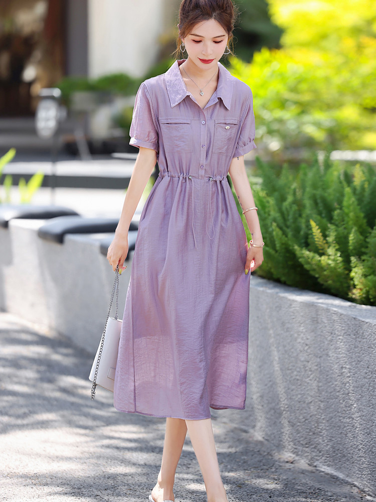 莱赛尔天丝连衣裙女2025新款夏季中长款高级感收腰减龄衬衫a字裙,女装连衣裙,梦芯尔