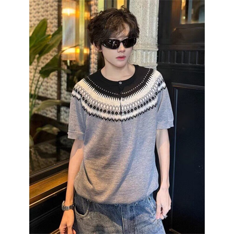 夏季费尔岛针织短袖T恤男复古小领口正肩慵懒风松弛设计感半袖t恤,男装T恤,四季星座505