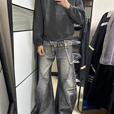 美式腰带印花牛仔裤男宽松慵懒松弛感镰刀裤潮牌廓形设计感阔腿裤，男装牛仔裤，四季星座505