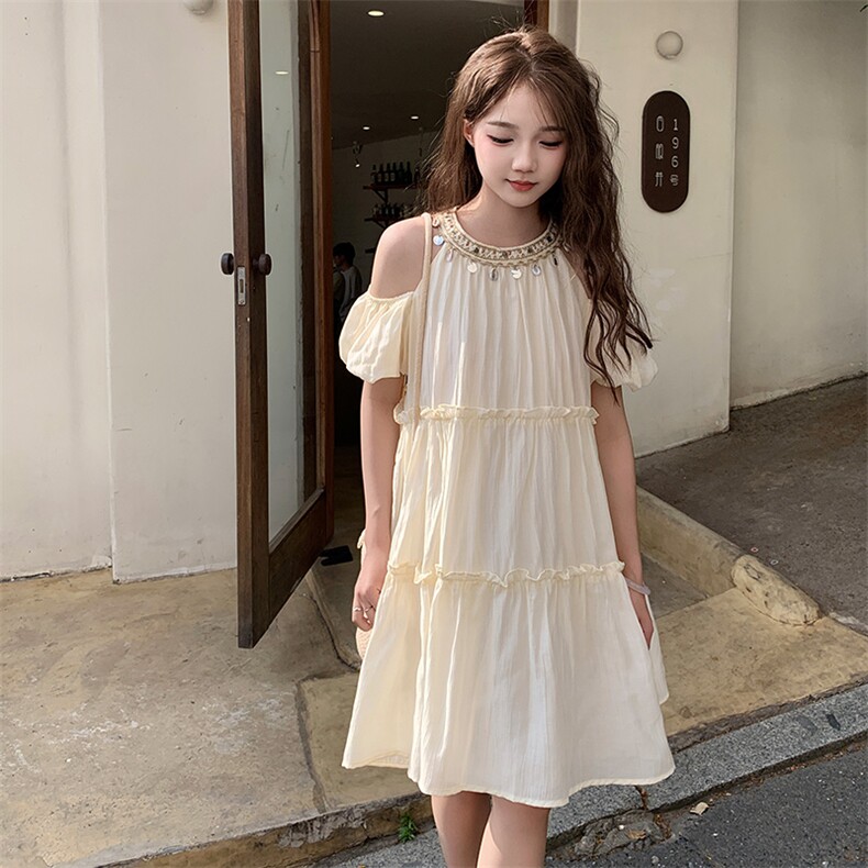 法式绝美超仙露肩连衣裙女2025夏季新款超好看亮片拼接度假风裙子,商品下架区,网红馆