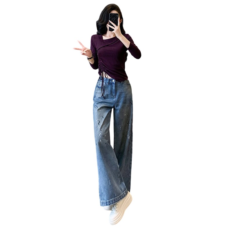 女春新款时尚减龄套装修身纯欲不规则斜肩领口上衣牛仔长裤两件套,女装套装/套裙,2C310