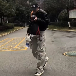 SS新款工装口袋水洗机能牛仔裤秋休闲阔腿裤男高街多口袋Q99P75图片