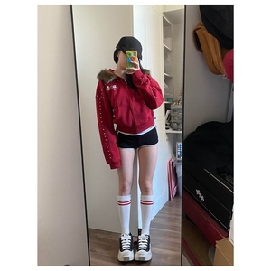 网 美式复古铆钉毛领连帽开衫外套秋新款拉链上衣B96-P70图片
