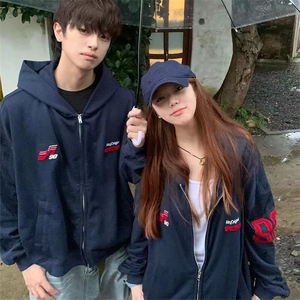 美式复古运动刺绣vibe连帽卫衣外套男春秋季宽松休闲简约帽衫图片