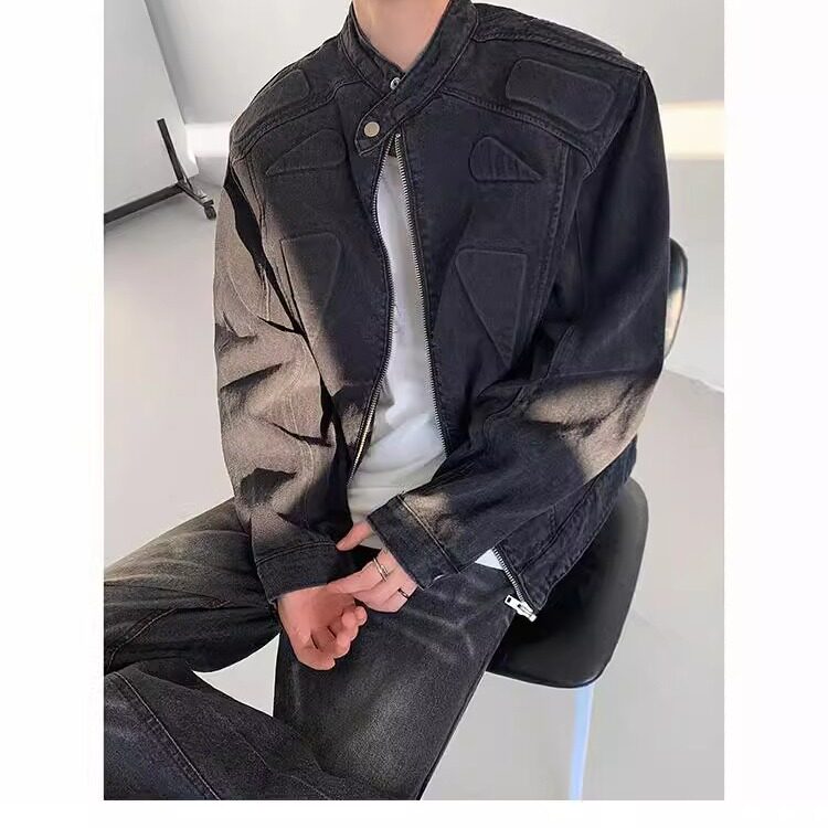 立体垫肩水洗黑灰色牛仔外套男秋季痞帅美式cleanfit立领工装夹克,男装工装外套,星座506A