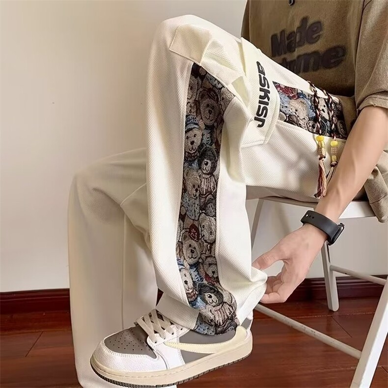 风小熊拼接潮牌直筒休闲长裤工装裤子男春秋款宽松大码运动裤，男装工装外套，星座1210-1
