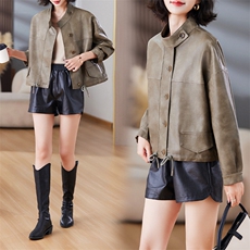 现货时尚设计感抽绳短外套女2024秋装新款今年流行小个子皮衣夹克，女装皮衣，美拉德工厂直营店