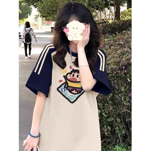 H0946-P35插肩拼色牛角袖三条杠五分杠宽松短袖T恤图片