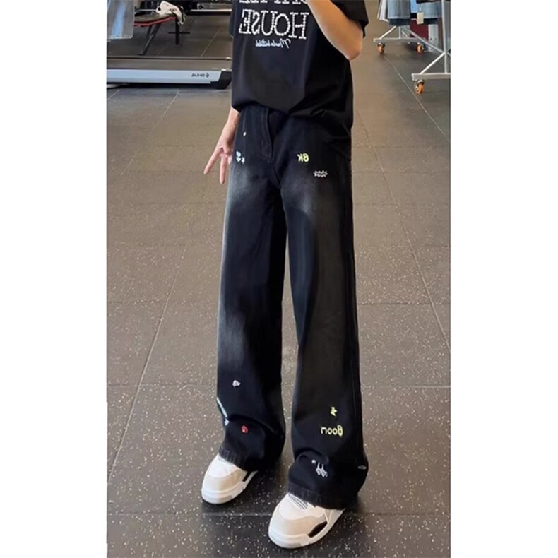 宽松卡通刺绣弯刀牛仔裤男女美式复古水洗阔腿休闲裤气质NG958,男装牛仔裤,星座1116A（原606A-3）