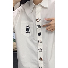 日系复古可爱趣味猫咪刺绣短袖衬衫男女潮牌学院风BF情侣学生衬衣，男装衬衫，星座601-1