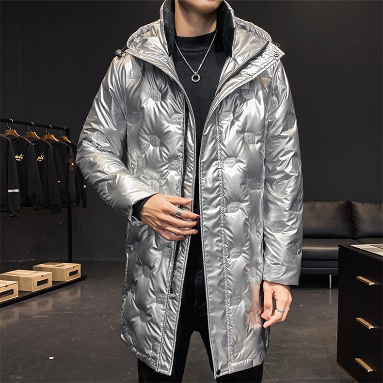 白鸭绒羽绒服男中长款连帽亮面羽绒服男保暖加厚外套男YR33-P130,男装羽绒服,星座1210A
