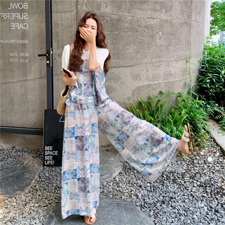 韩版印花假两件短袖阔腿裤套装女2025年夏季新款显瘦超好看两件套,女装套装/套裙,2C201