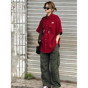 华夫格短袖衬衫男夏季设计感红色衬衣CSDX01N特P48图片