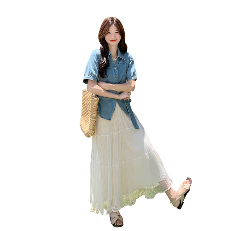 时尚牛仔系带上衣套装裙女2025夏季新款网纱半身裙气质减龄两件套,女装套装/套裙,2D078