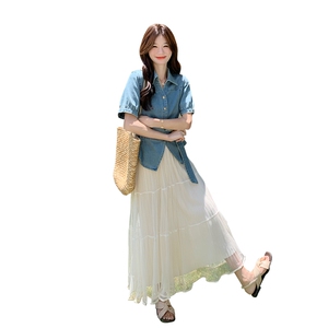 时尚牛仔系带上衣套装裙女2025夏季新款网纱半身裙气质减龄两件套图片