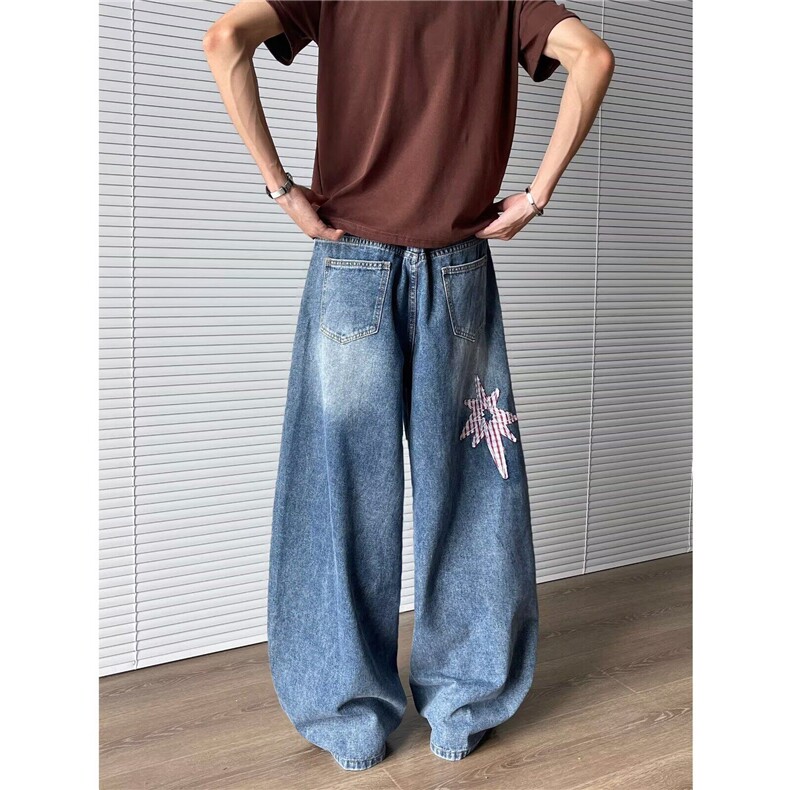 美式复古弯刀贴布牛仔裤男女2025夏新款宽松阔腿拖地裤N07853-P55,男装牛仔裤,星座308B-1