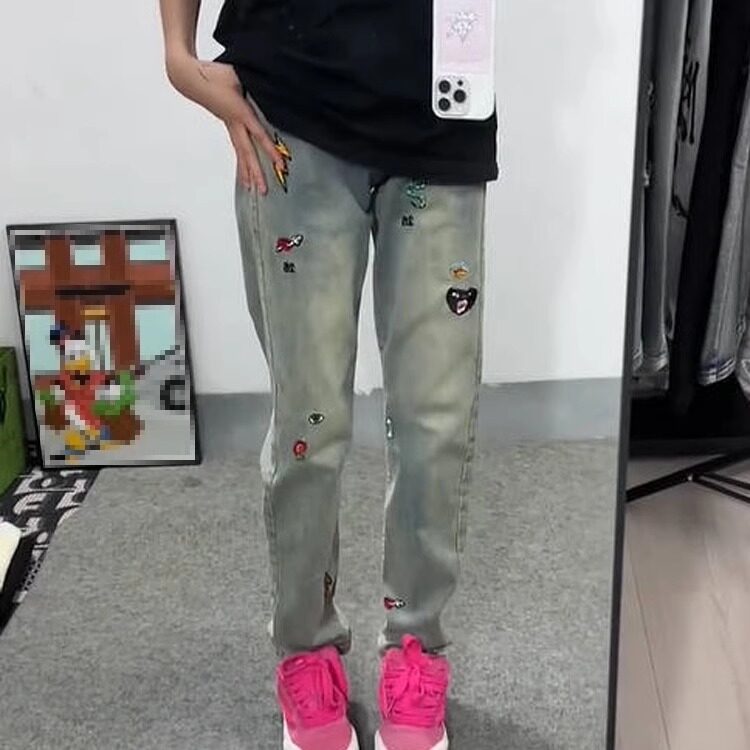 欧美潮牌2025春夏刺绣牛仔裤男士休闲修身水洗做旧弹力时尚小图片