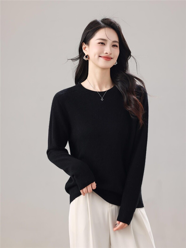 2025秋冬百搭时尚简约圆领长袖针织衫,女装羊绒衫,梦织秋羊绒
