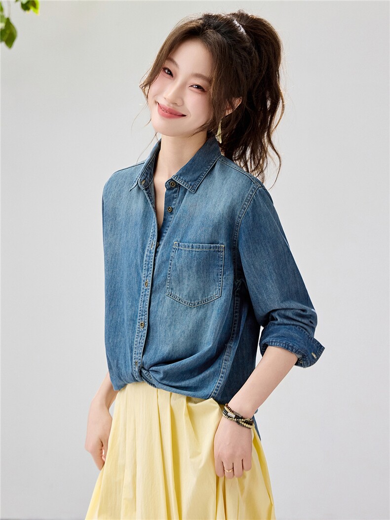 韩系松弛感牛仔衬衫女2026春款叠穿百搭长袖上衣韩版气质内搭外套,女装衬衫,艾米