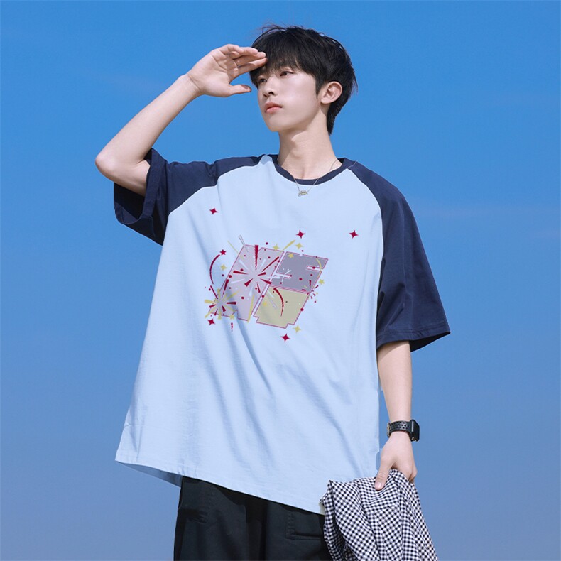 抖音得物高品质二开240克宽松纯棉美式潮牌插肩袖拼接短袖T恤,男装T恤,电商A486