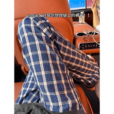 美式高街潮牌男女泡泡格子休闲裤直筒宽松慵懒显瘦阔腿休闲长裤子，男装休闲裤，电商A486