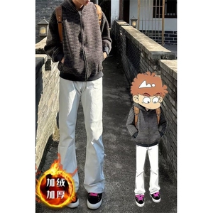 白色直筒牛仔裤男女秋冬加绒宽松垂感高级感拖地裤K8005-P46网图图片