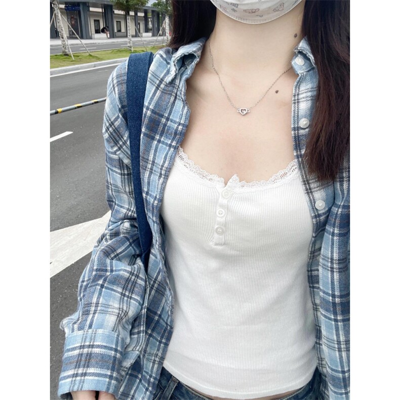 【有货】蓝色格子衬衫设计感高级长袖情侣衬衣美式复古C01LL-P45,男装衬衫,星座1007（原301D）