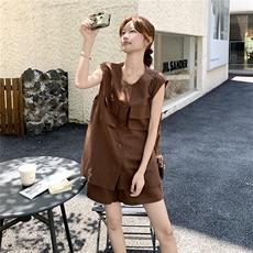 棕色复古松弛感套装女2025夏季新款轻熟风宽松休闲马甲短裤两件套，女装套装/套裙，2C170