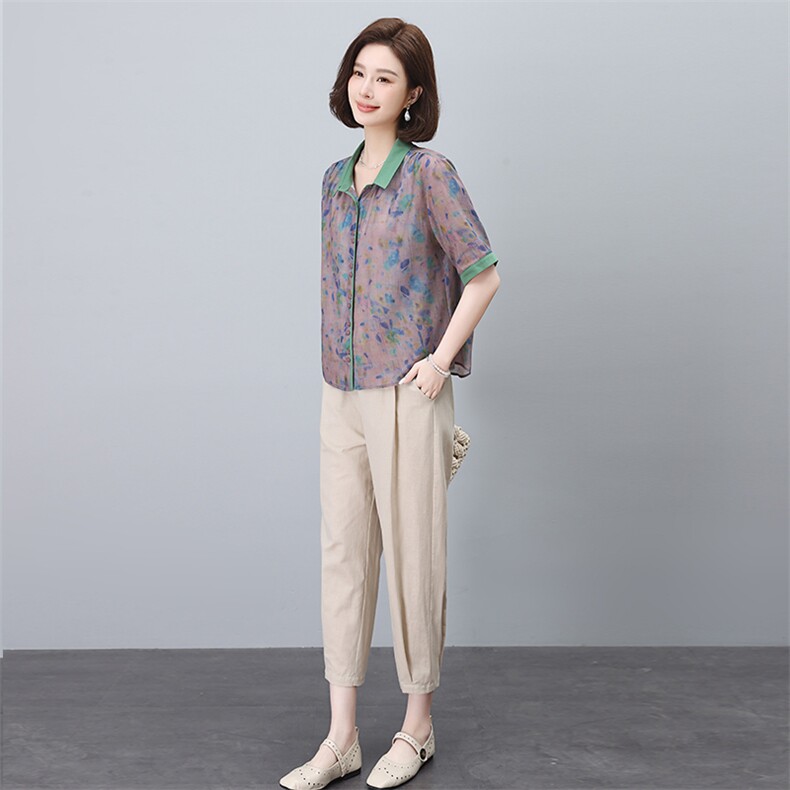 夏季冰丝棉麻套装女夏装2024新款妈妈洋气时尚休闲亚麻两件套,女装套装/套裙,依恋蒂丝
