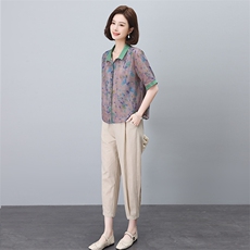 夏季冰丝棉麻套装女夏装2024新款妈妈洋气时尚休闲亚麻两件套，女装套装/套裙，依恋蒂丝