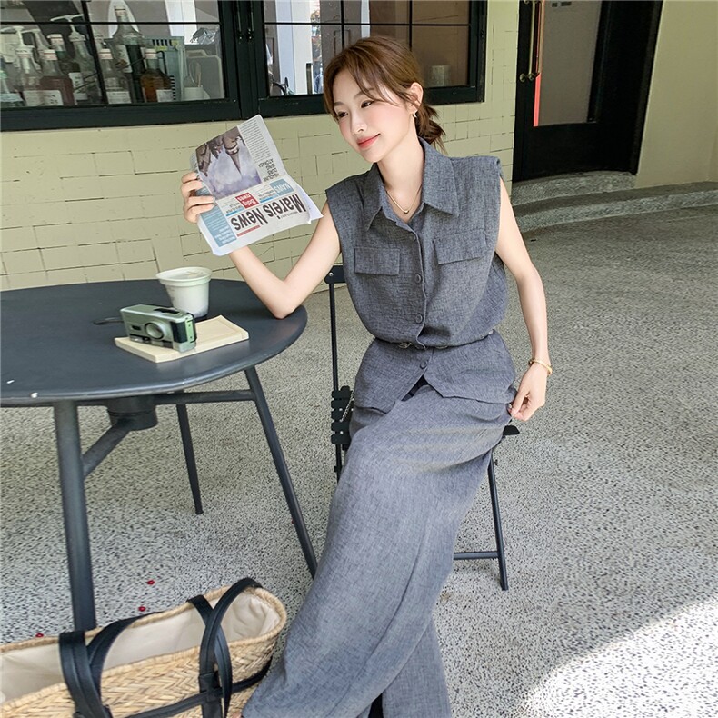 韩系高级感深灰色马甲套装女2025年夏季新款减龄显瘦阔腿裤两件套,女装套装/套裙,蝶眷