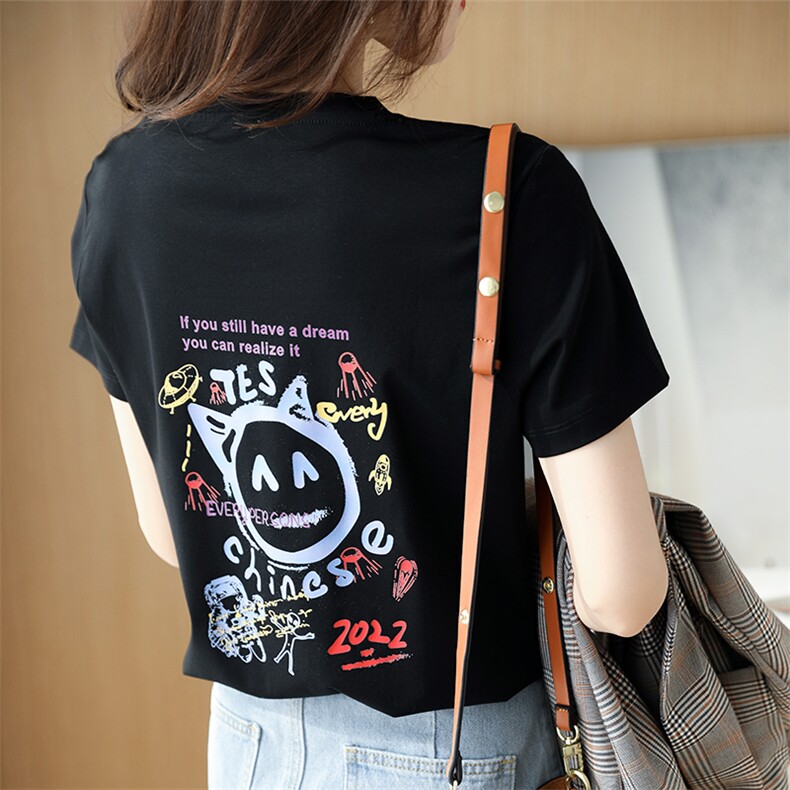圆领白色t恤女桑蚕丝光棉短袖修身印花2024夏新款纯棉设计感上衣,女装T恤,元素羊绒