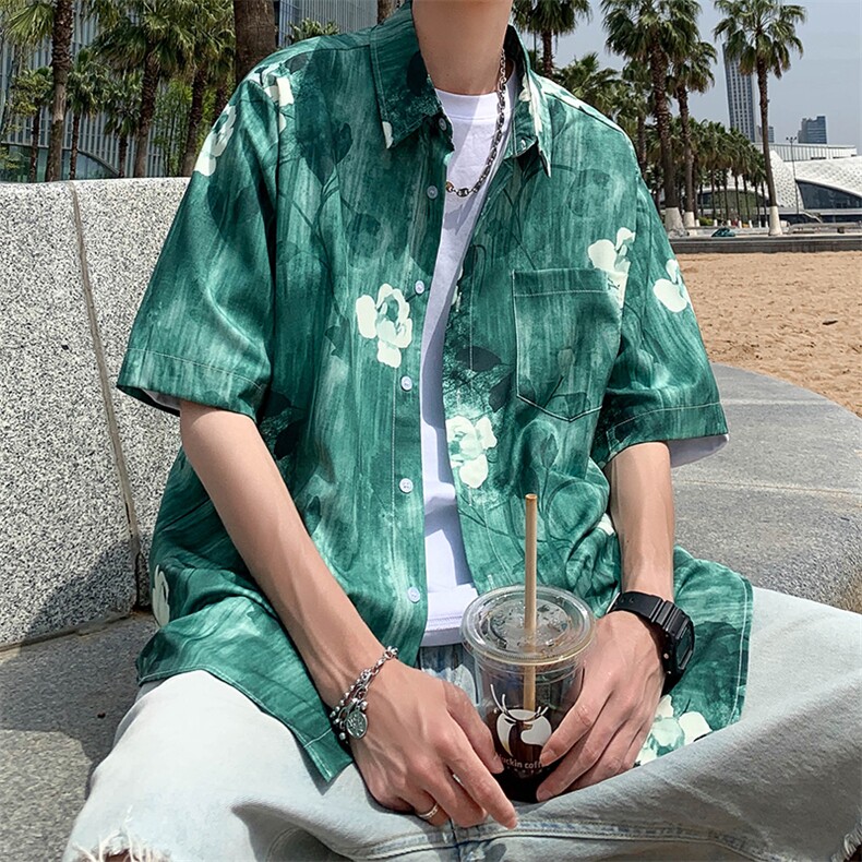 浅绿色短袖衬衫复古扎染设计感衬衣2022夏季韩版上衣W3115-P28,男装衬衫,星座512-2