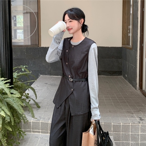 韩系淡人穿搭气质一整套女2025秋季不规则马甲打底衫阔腿裤三件套图片
