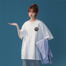 中性2023夏季笑脸印花情侣宽松圆领全棉短袖T恤T1045P25控38，男装T恤，A247A