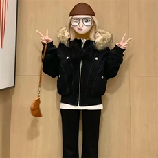 现货重磅boxy短款棉衣座山雕大毛毛领男女棉服水洗工装厚外套，男装棉衣，电商A486