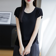 亚麻+莱赛尔天丝小飞袖圆领针织短袖t恤女抽绳三分袖坑条新款上衣，女装针织衫/毛衣，朝思羊绒