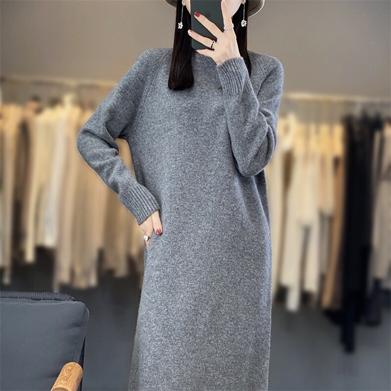 百搭女秋冬羊毛连衣裙简约休闲显瘦长袖针织裙舒适保暖高领毛衣裙,女装连衣裙,暖思雅