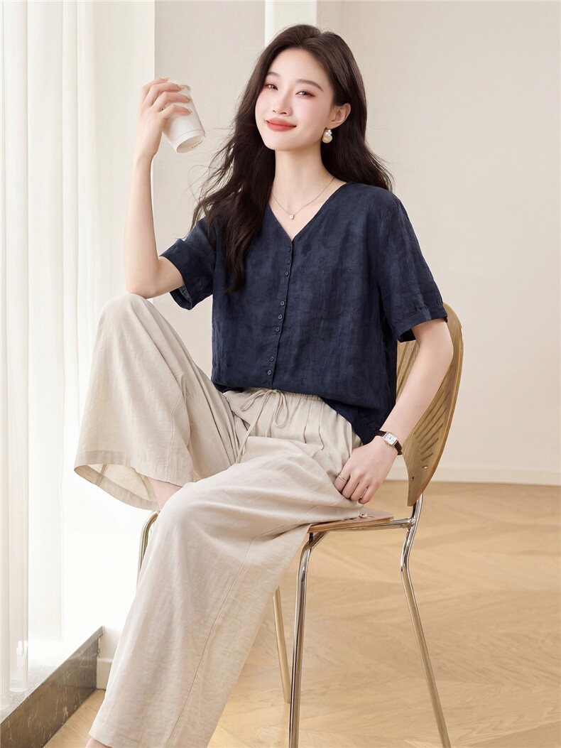 大量现货。2026夏装新款苎麻上衣阔腿裤两件套套装女,女装套装/套裙,依万里