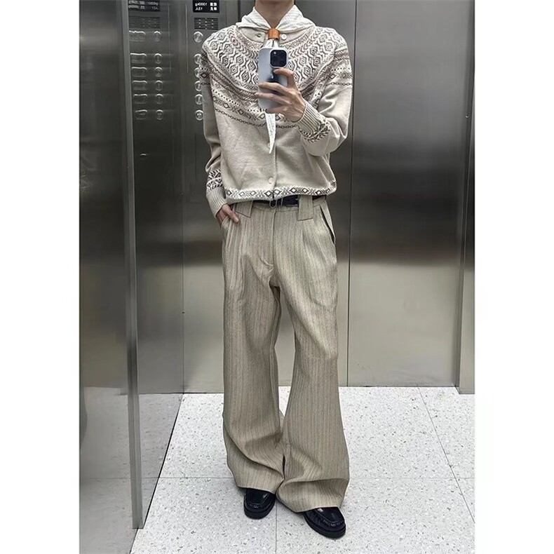 美式复古通勤高智老钱风条纹西裤男女宽松垂感百搭弯刀休闲西装裤,男装西服套装,星座506A